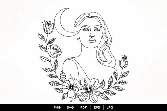 Download Floral Moon Woman Line Art SVG - Premium Resources